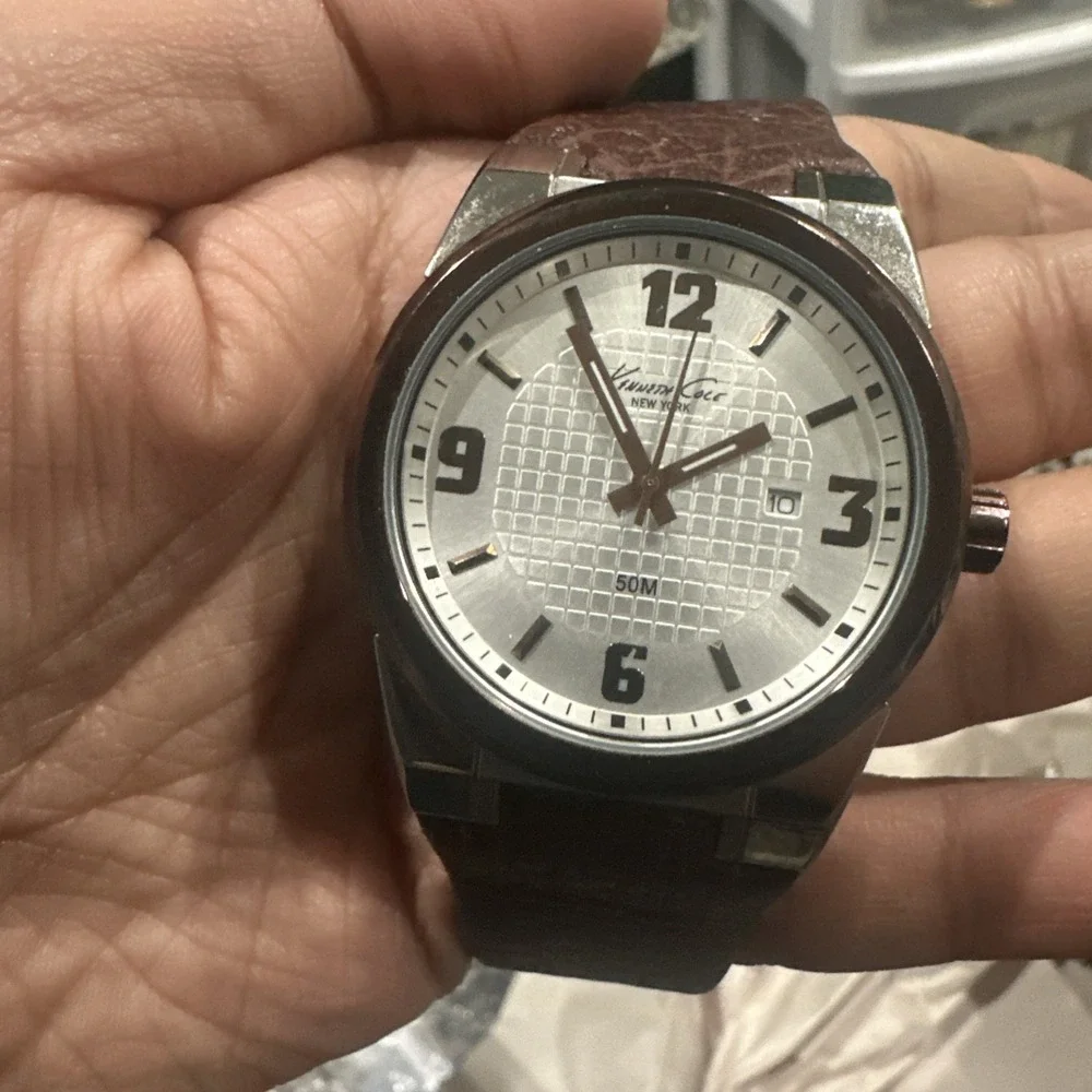 Working Kenneth Cole NY 43mm Brown Leather Band Fit 8in KC-1338BNIP Mens Watch‎